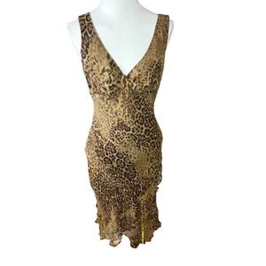 Mica Leopard Print V-Neck Tie Front Ruffle Hem Sleeveless Midi Dress Size 6